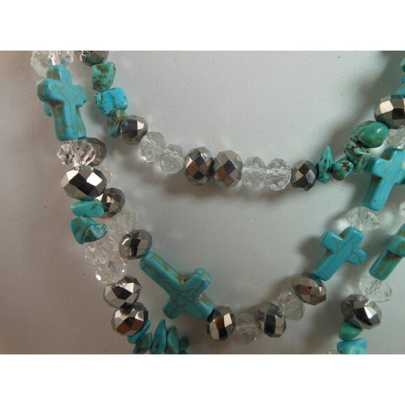 Handcrafted Turquoise Blue Nugget Cross Crystal Necklace Vintage Boho Chic - Picture 5 of 6